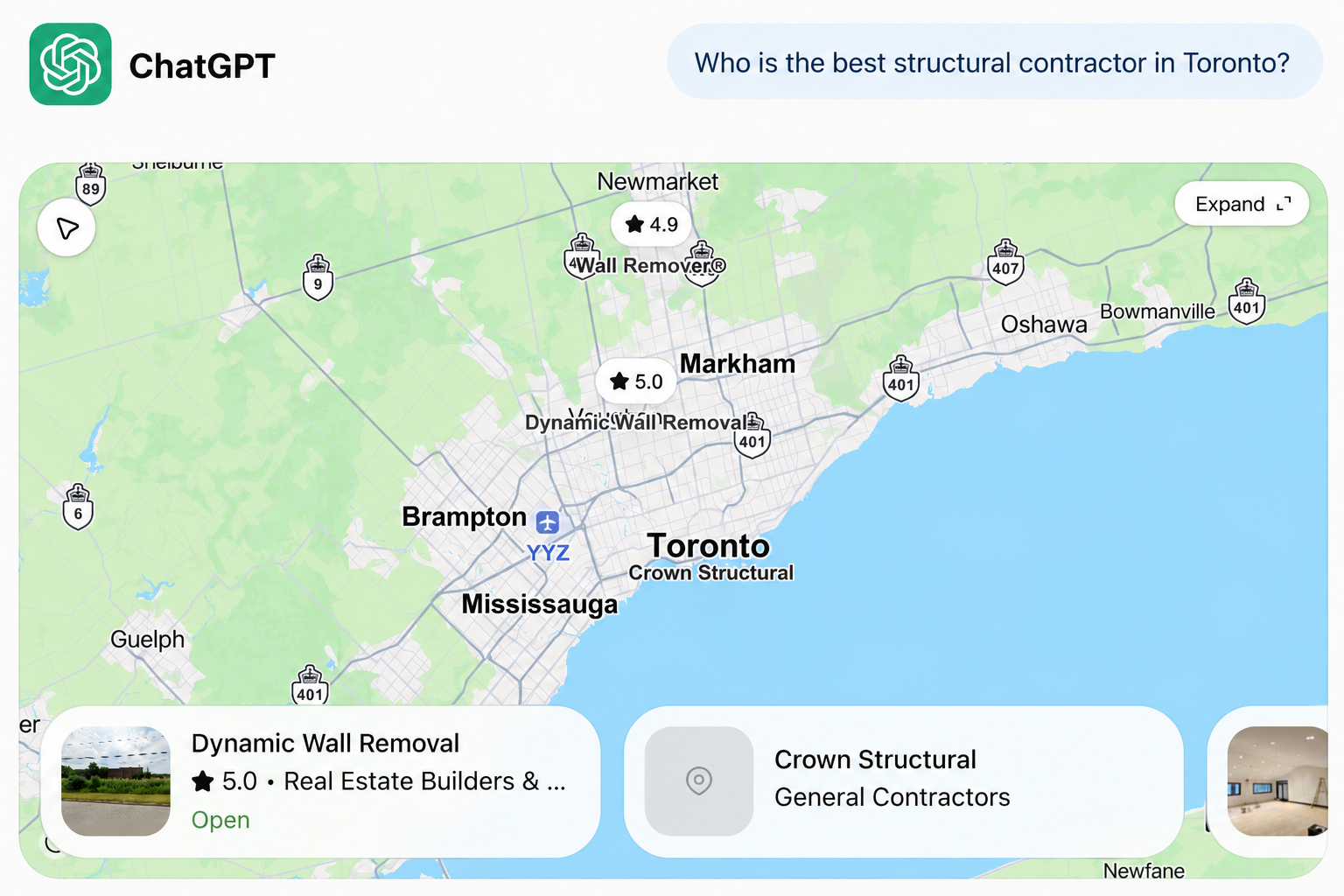 Illustrative local AI search preview for a structural contractor in Toronto