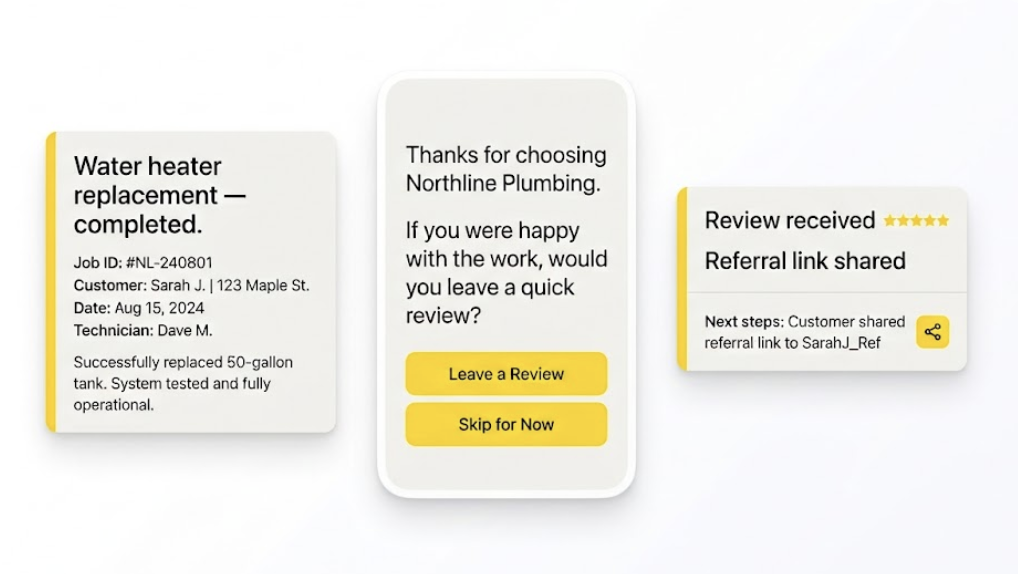 Illustrative post-job review request and referral workflow for a plumbing company